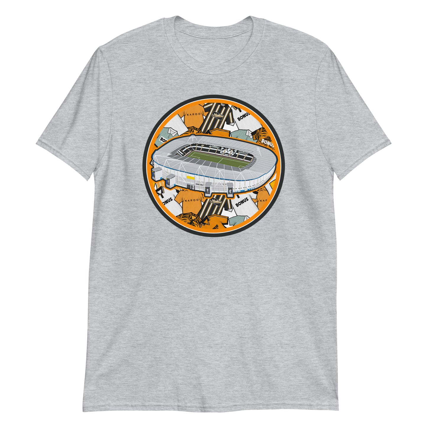 Grey T-shirt inspired by the home of Hull City Football Club. Artwork of retro themed background, with the MKM Stadium illustrated on the front!