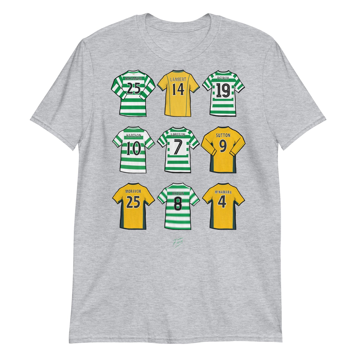 Light Grey T-shirt inspired by the Celtic legends, some of the finest players to have played for the club such as Chris Sutton, Henrik Larsson, John Harrison, Nakamura & more!