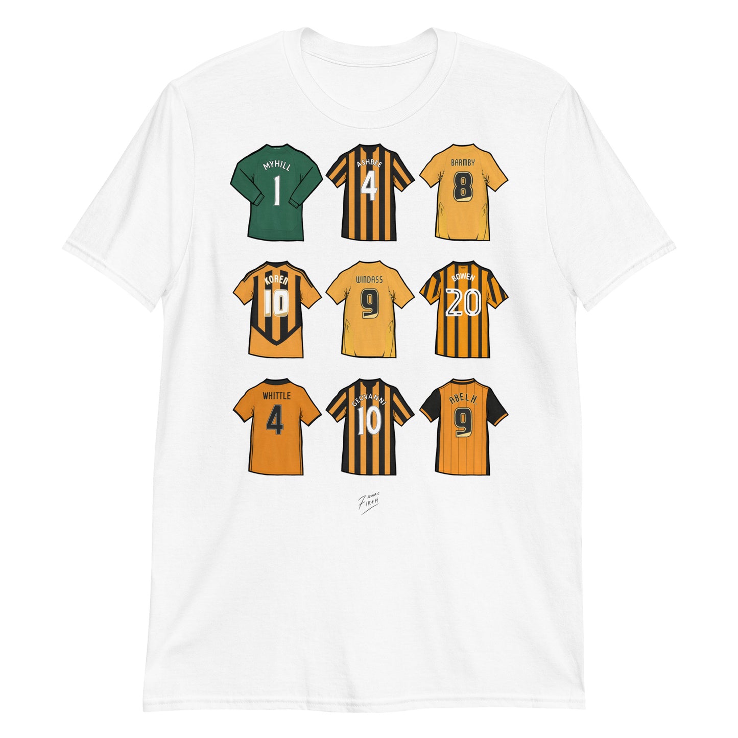 White Hull Legends of the Tigers Illustrated Football Themed T-Shirt. Legends such as Myhill, Ashbee, Barmby, Koren, Windass, Bowen, Whittle, Geovanni & Abel Hernandez