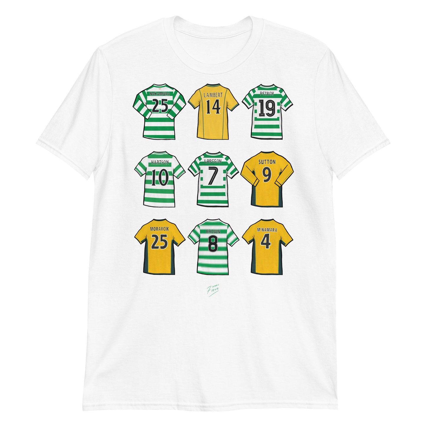 White T-shirt inspired by the Celtic legends, some of the finest players to have played for the club such as Chris Sutton, Henrik Larsson, John Harrison, Nakamura & more!