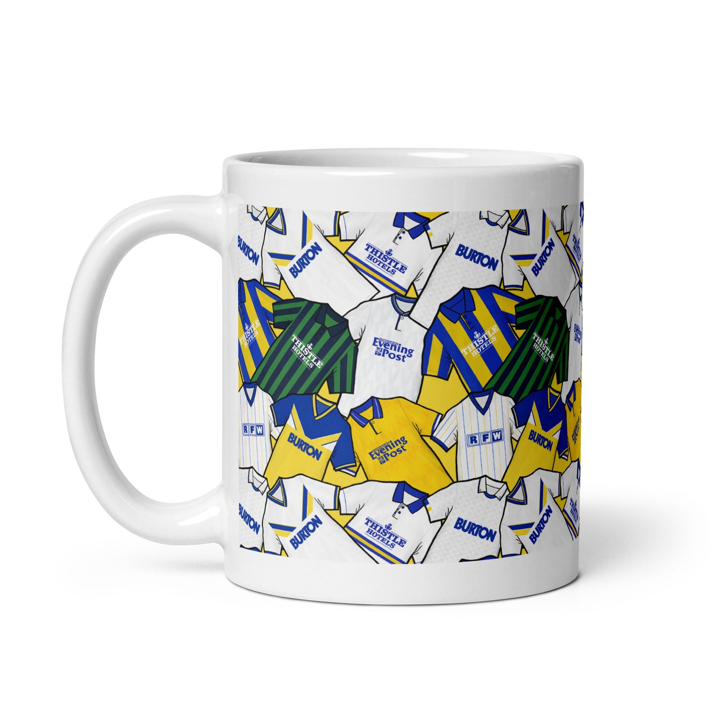 A mug Inspired by the historic iconic retro shirts of leeds united!