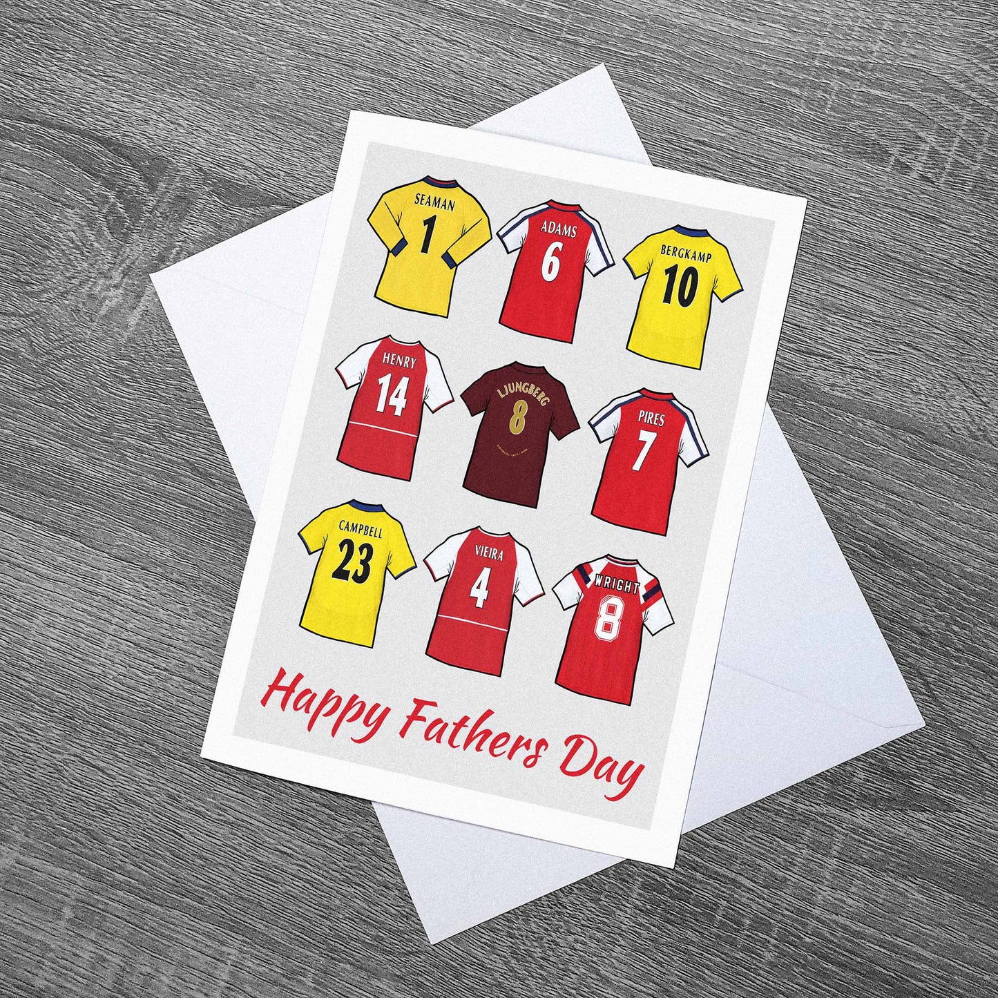 Fathers Day card featuring artwork of some of the best names to play football for Arsenal!