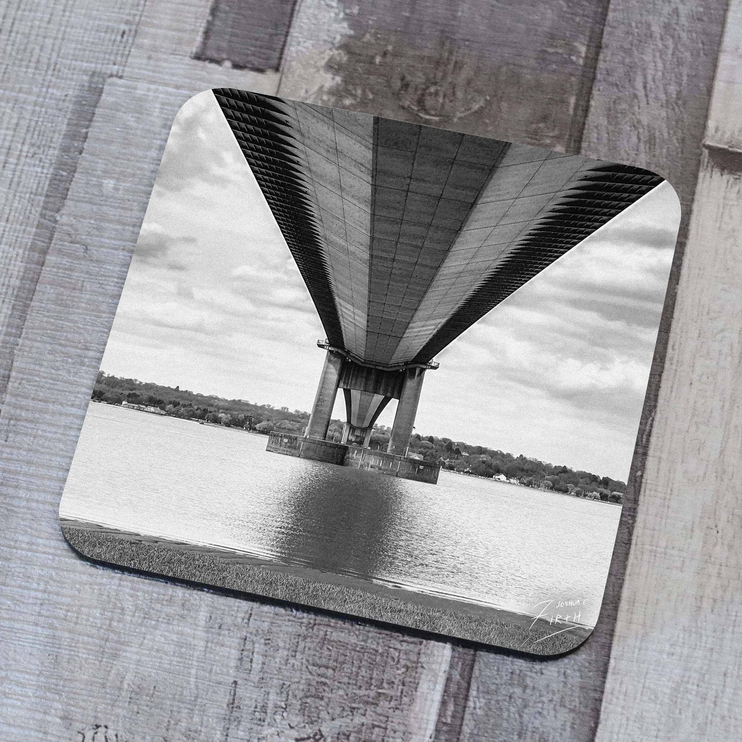 Black & White Coaster / Beer mat of the Humber Bridge from Underneath. Barton-Upon-Humber, Northern Lincolnshire