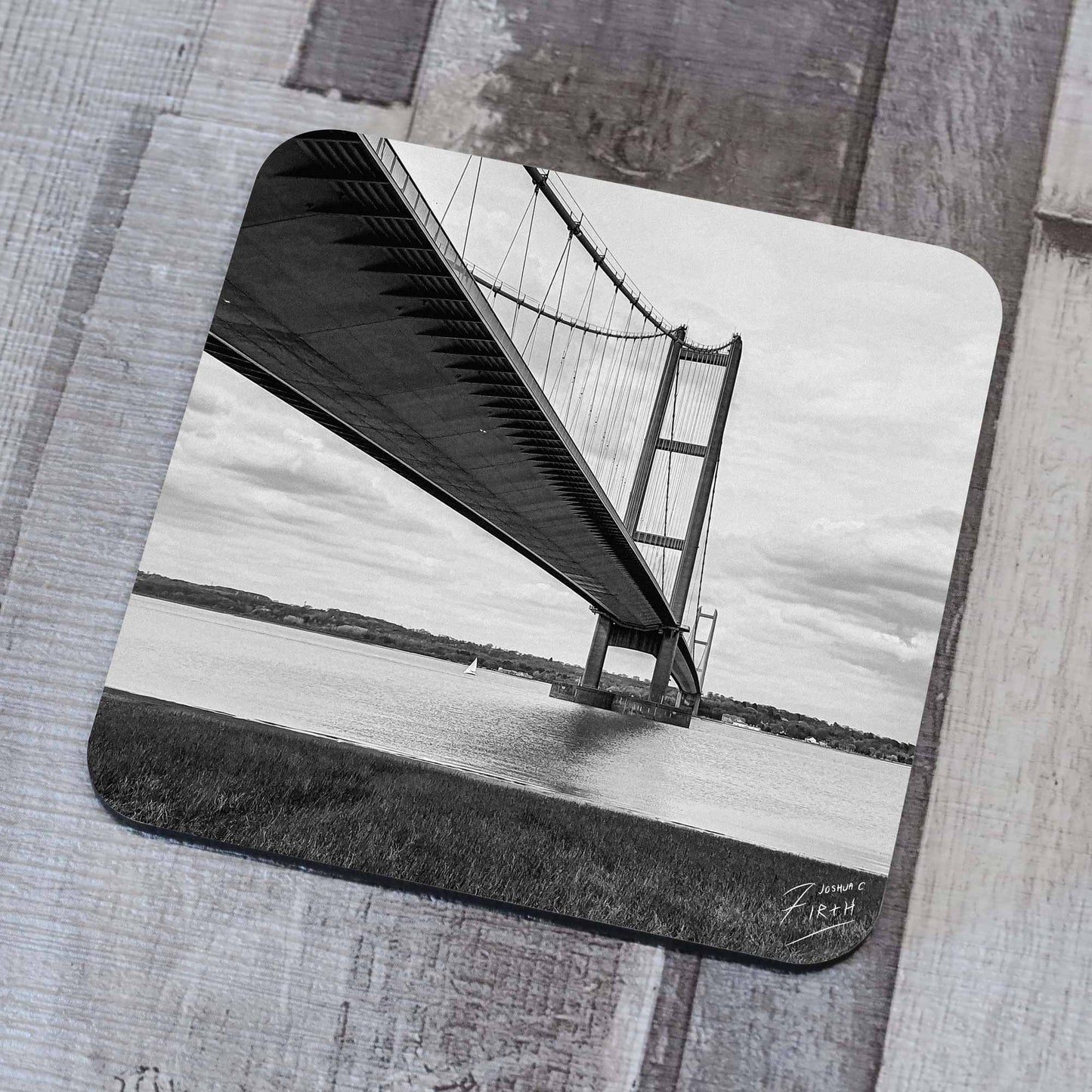 Black & White Coaster / Beer mat of the Humber Bridge from Barton-Upon-Humber, Northern Lincolnshire