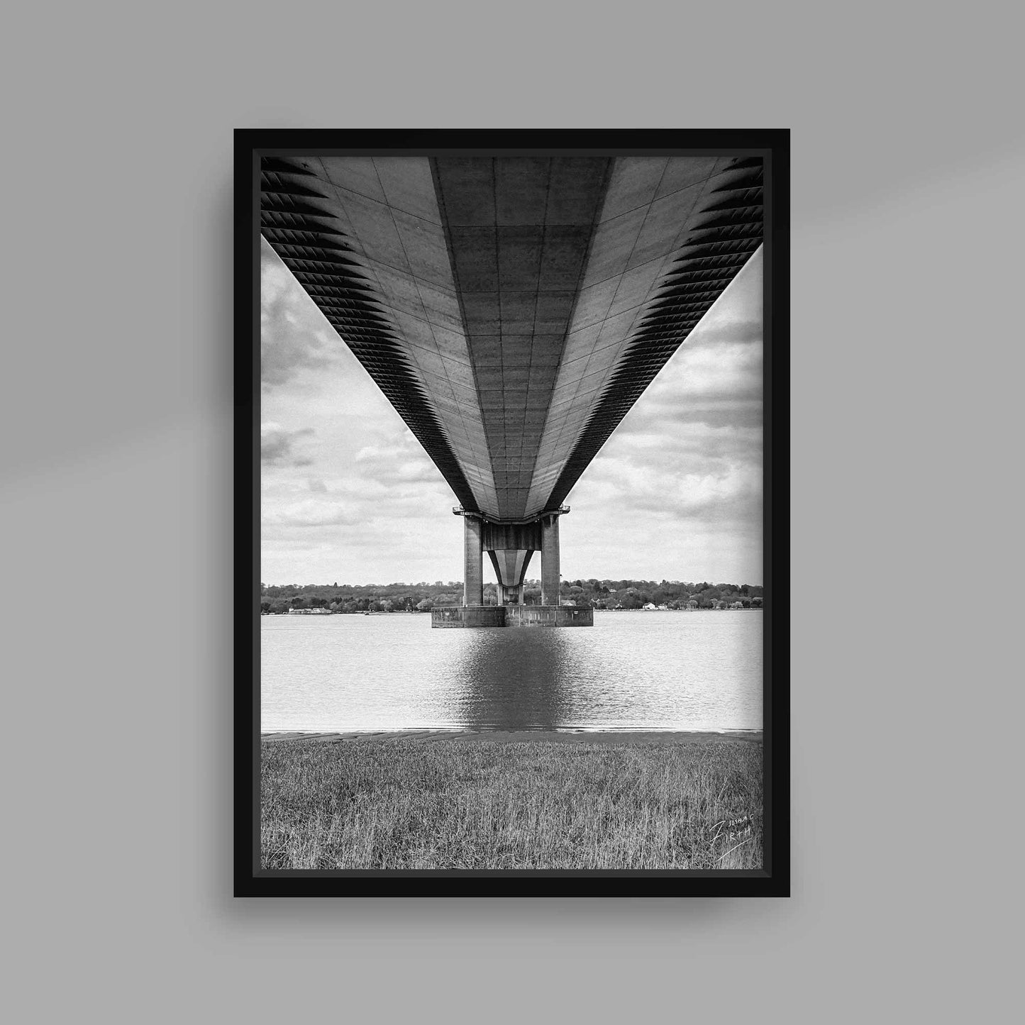 Black & White photograph of underneath the Humber Bridge from Barton-Upon-Humber, Northern Lincolnshire