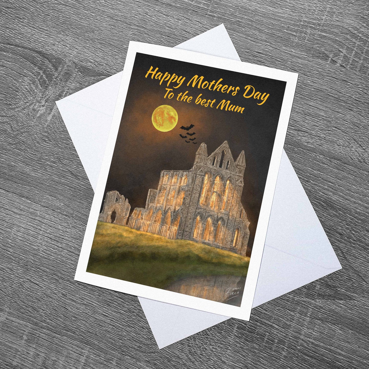 Happy Mothers Day To The Best Mum Whitby Abbey Goth Weekend Halloween Themed Card. Illustrated Art of one of Yorkshire's most famous & iconic landmarks