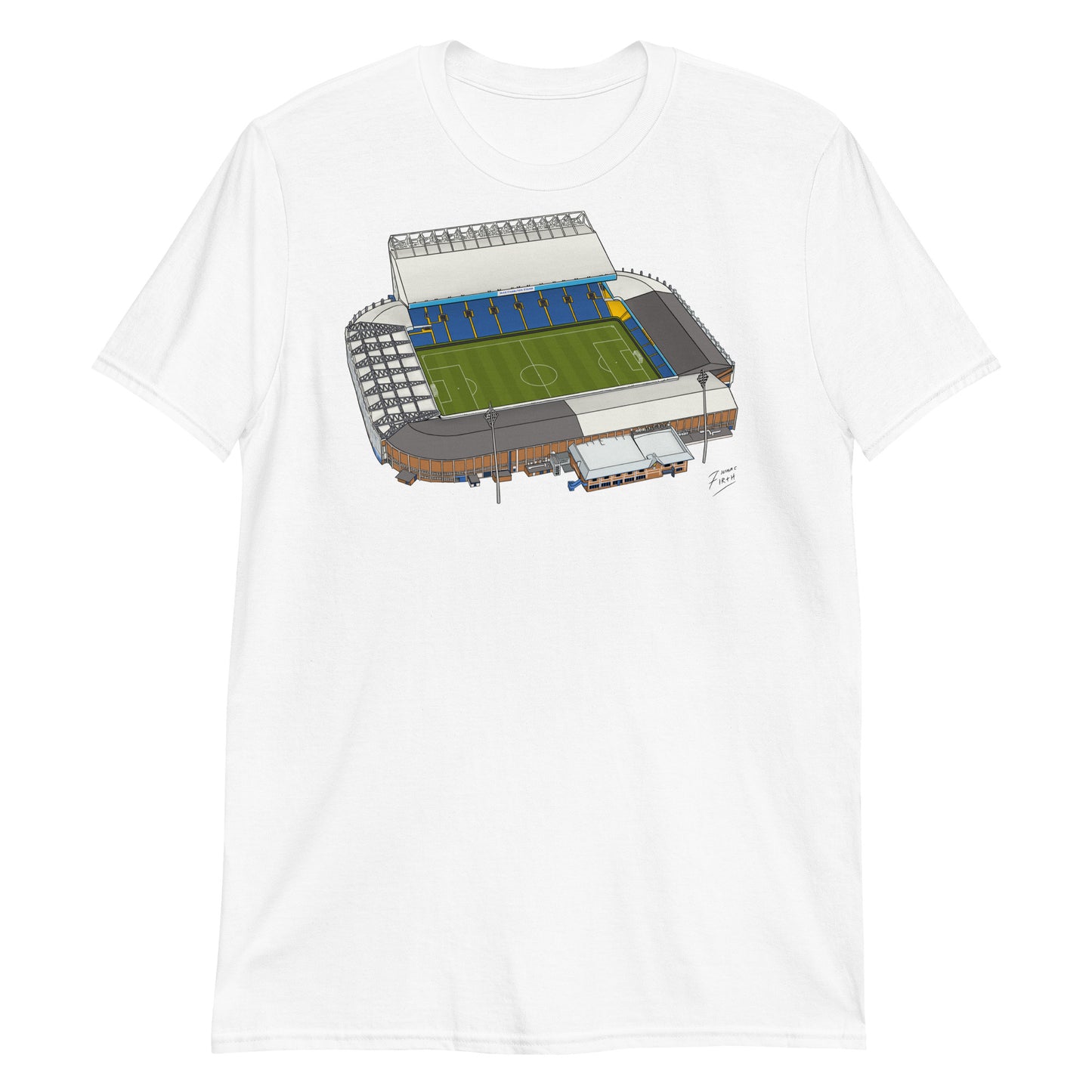 White T-shirt inspired by the home of football in Leeds, Elland Road. A West Yorkshire favourite