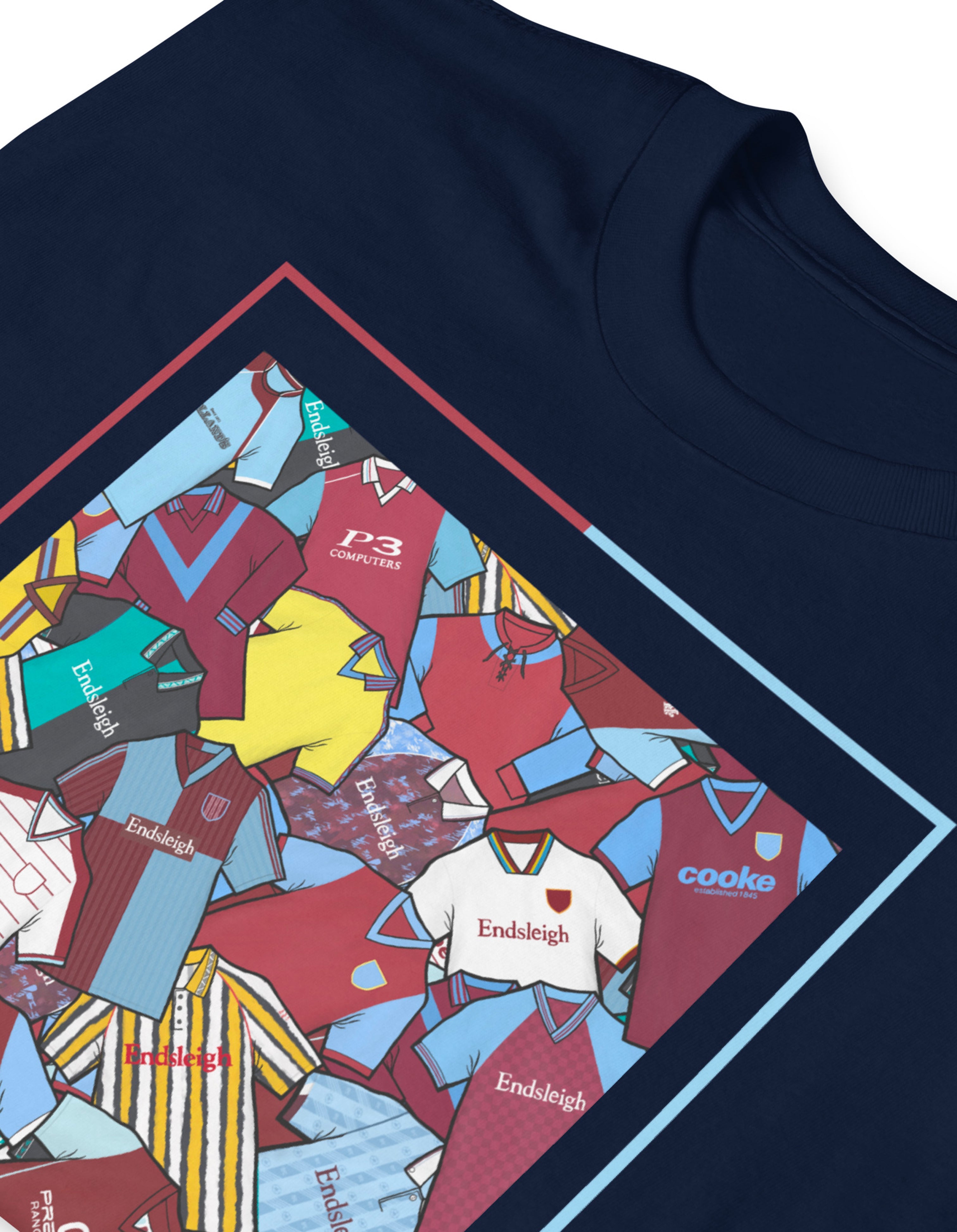 A closer look at a Navy Blue T-shirt inspired by the Burnely football classic jerseys of the past