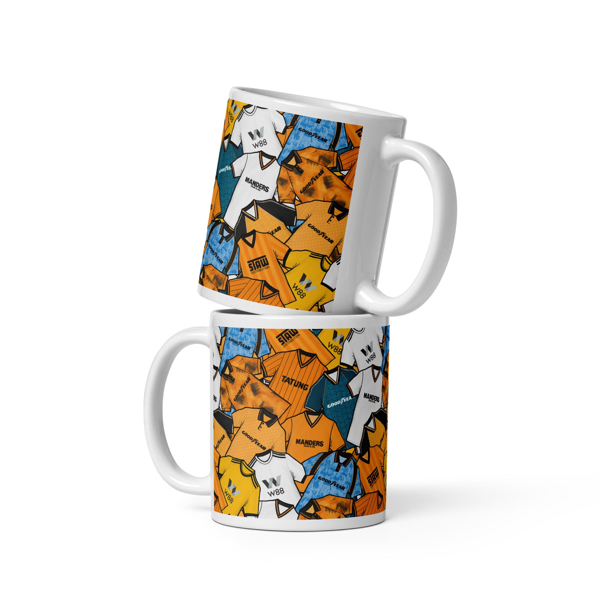 Wolverhampton Wanderers Wolves Inspired football shirt collage mug – handcrafted ceramic mug featuring classic Wolves kits in a colourful wraparound design