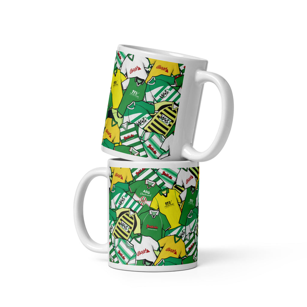 Show your Yeovil Town pride with this handcrafted ceramic mug featuring a vibrant collage of classic football shirts. A unique, fan-made gift for true supporters.