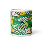 Show your Yeovil Town pride with this handcrafted ceramic mug featuring a vibrant collage of classic football shirts. A unique, fan-made gift for true supporters.