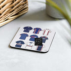 Handmade retro Dundee FC inspired football shirt coaster featuring a classic vintage kit design. A unique Dundee FC fan gift, football memorabilia collectible, and stylish home decor accessory for match day drinks, desks, and coffee tables.
