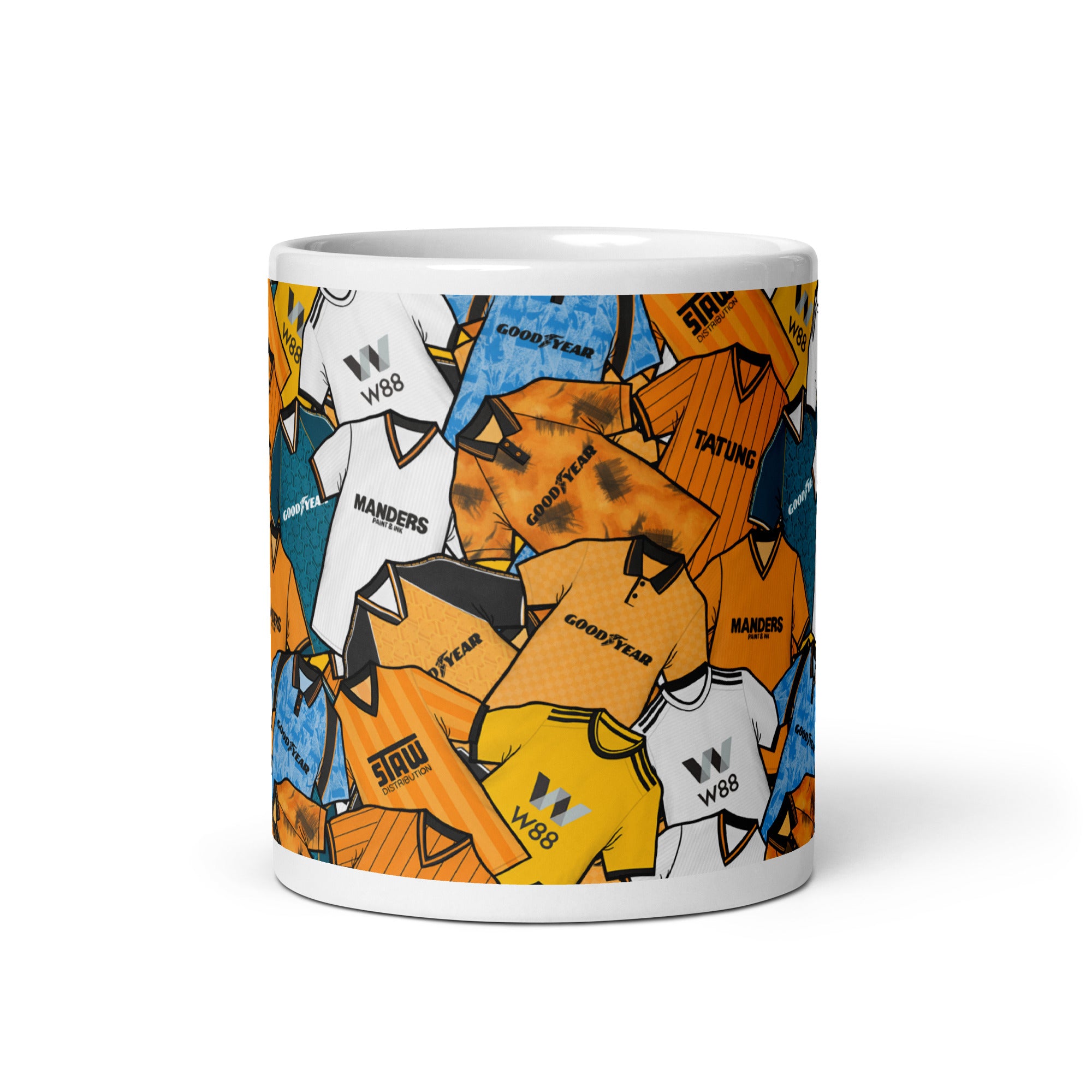 Wolverhampton Wanderers Wolves Inspired football shirt collage mug – handcrafted ceramic mug featuring classic Wolves kits in a colourful wraparound design