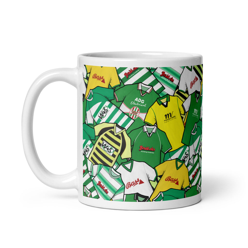 Show your Yeovil Town pride with this handcrafted ceramic mug featuring a vibrant collage of classic football shirts. It’s a unique, fan-made gift for true supporters.