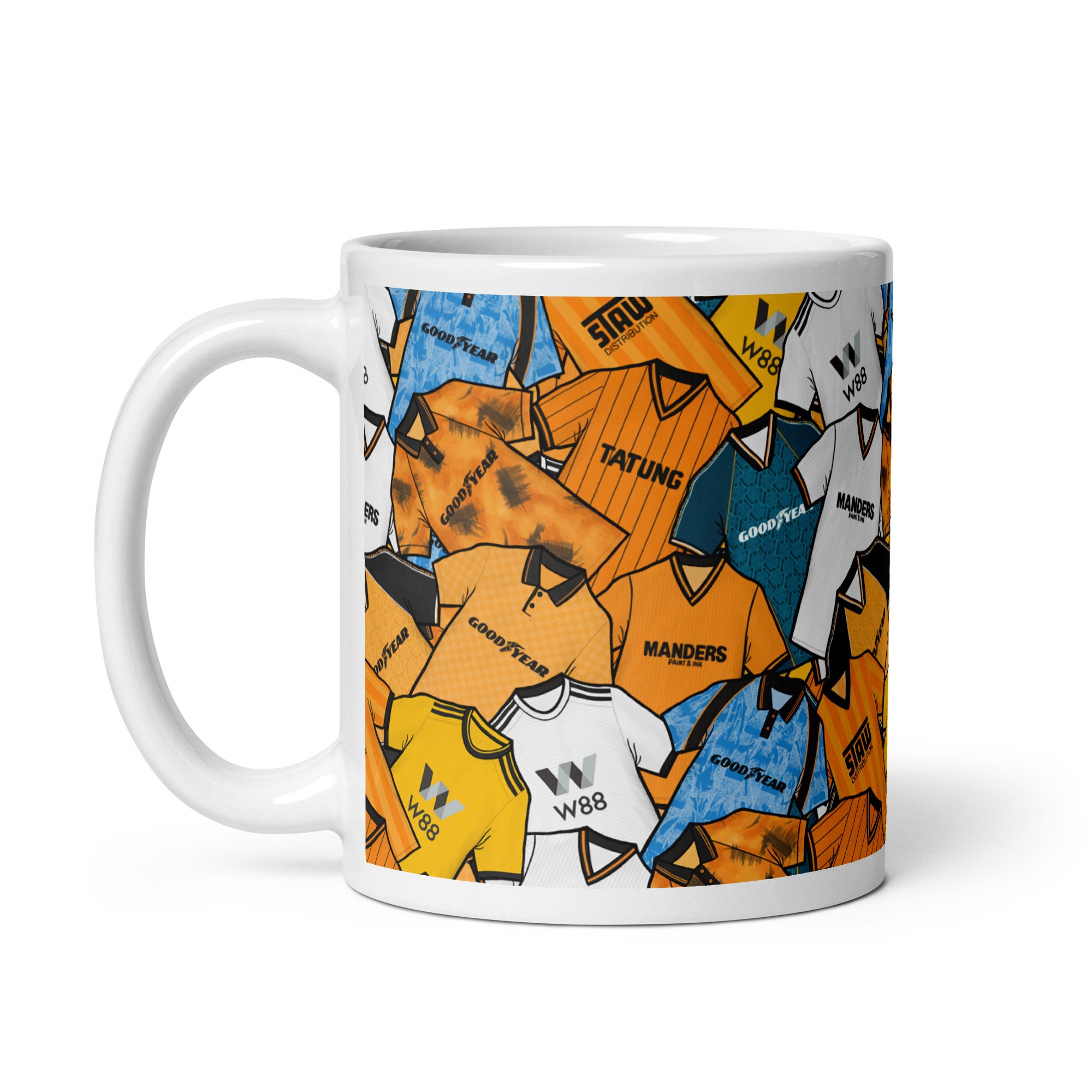 Wolverhampton Wanderers Wolves Inspired football shirt collage mug – handcrafted ceramic mug featuring classic Wolves kits in a colourful wraparound design