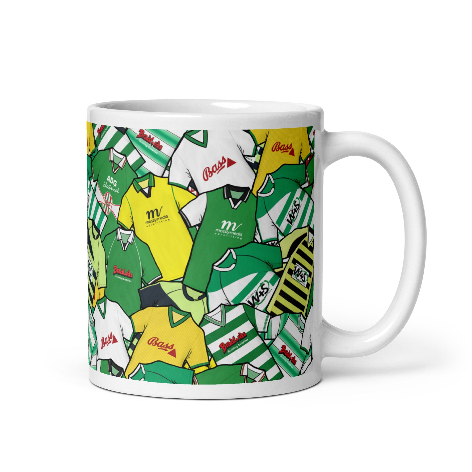 Commemorate your Yeovil Town allegiance with this meticulously crafted ceramic mug, adorned with an exquisite collage of iconic football jerseys. A singular, fan-initiated gift for ardent supporters.