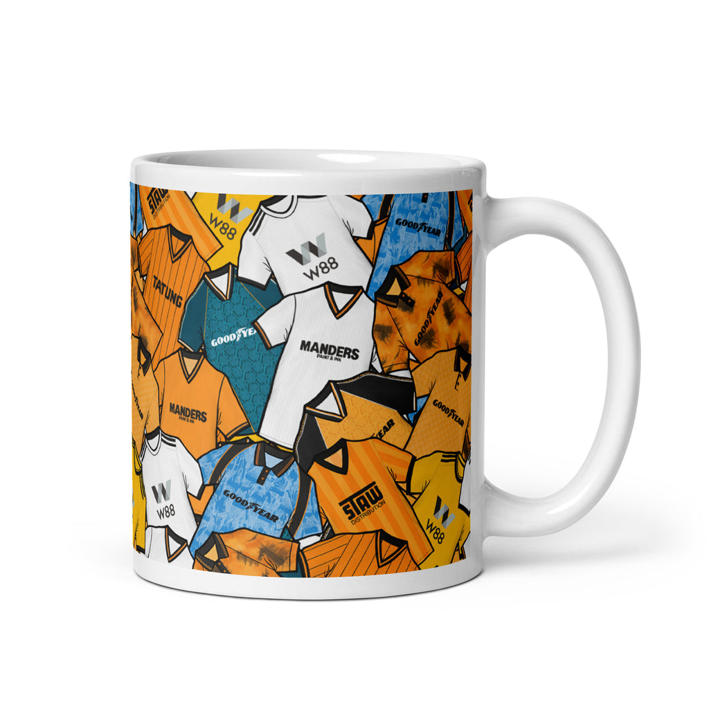 Wolverhampton Wanderers Wolves Inspired football shirt collage mug – handcrafted ceramic mug featuring classic Wolves kits in a colourful wraparound design