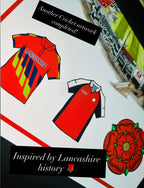 A printed or illustrated design sheet showing two red sports jerseys with Lancashire-themed graphics, a cricket stadium sketch, a red rose, and text reading 'Another Cricket artwork completed!' and 'Inspired by Lancashire history'.