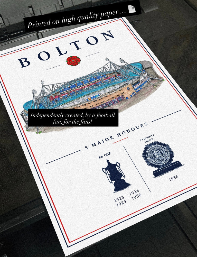 This football print draws inspiration from Bolton Wanderers’ past success and their current home stadium.
