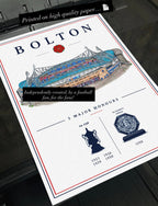 This football print draws inspiration from Bolton Wanderers’ past success and their current home stadium.