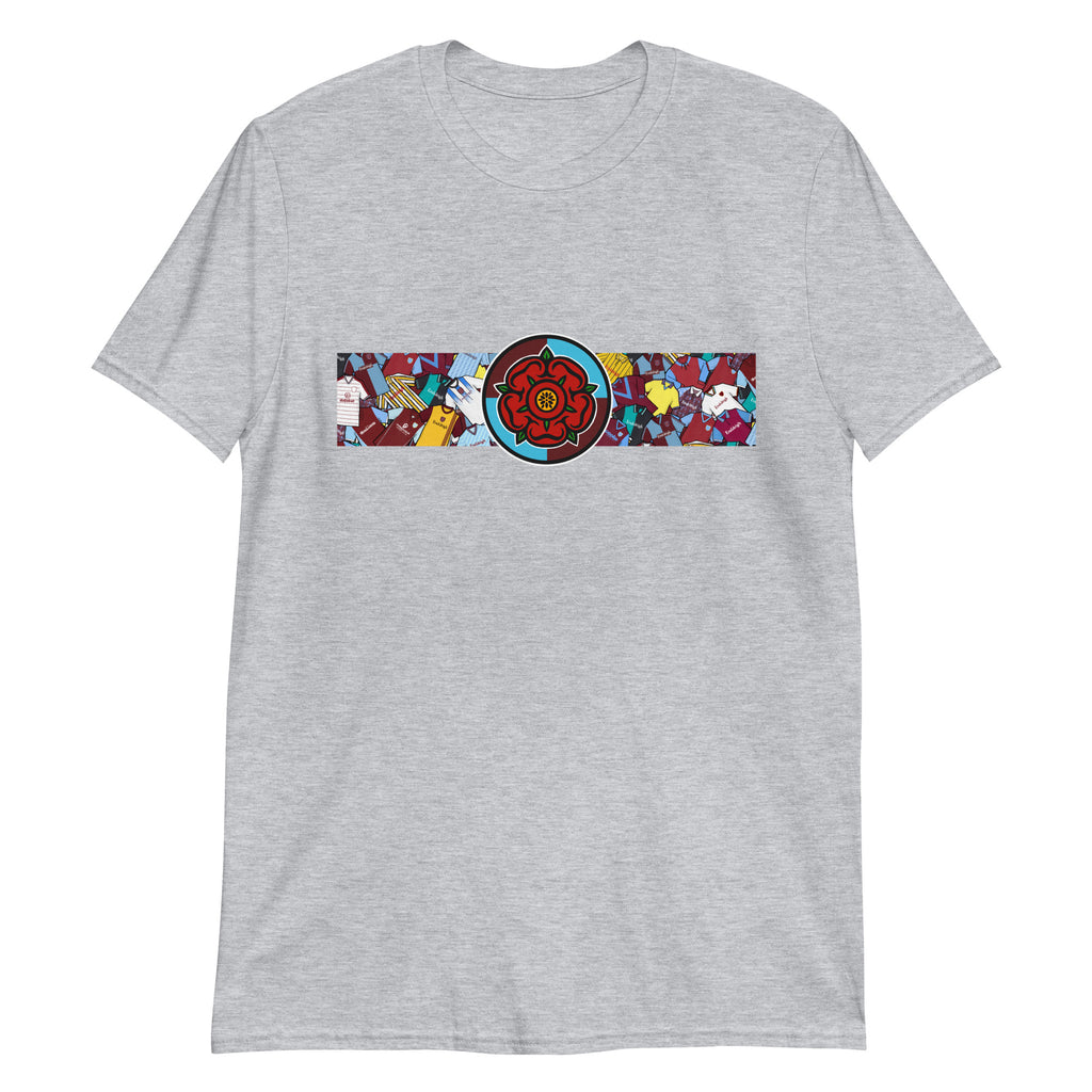 This T-shirt design pays tribute to Burnley FC’s rich heritage, blending the club’s iconic claret and blue with a bold, retro-inspired look. Featuring classic jersey patterns and a central Lancashire Rose emblem, it honors the pride and passion of the Turf Moor faithful. A perfect mix of vintage football style and modern streetwear—crafted for true Clarets supporters