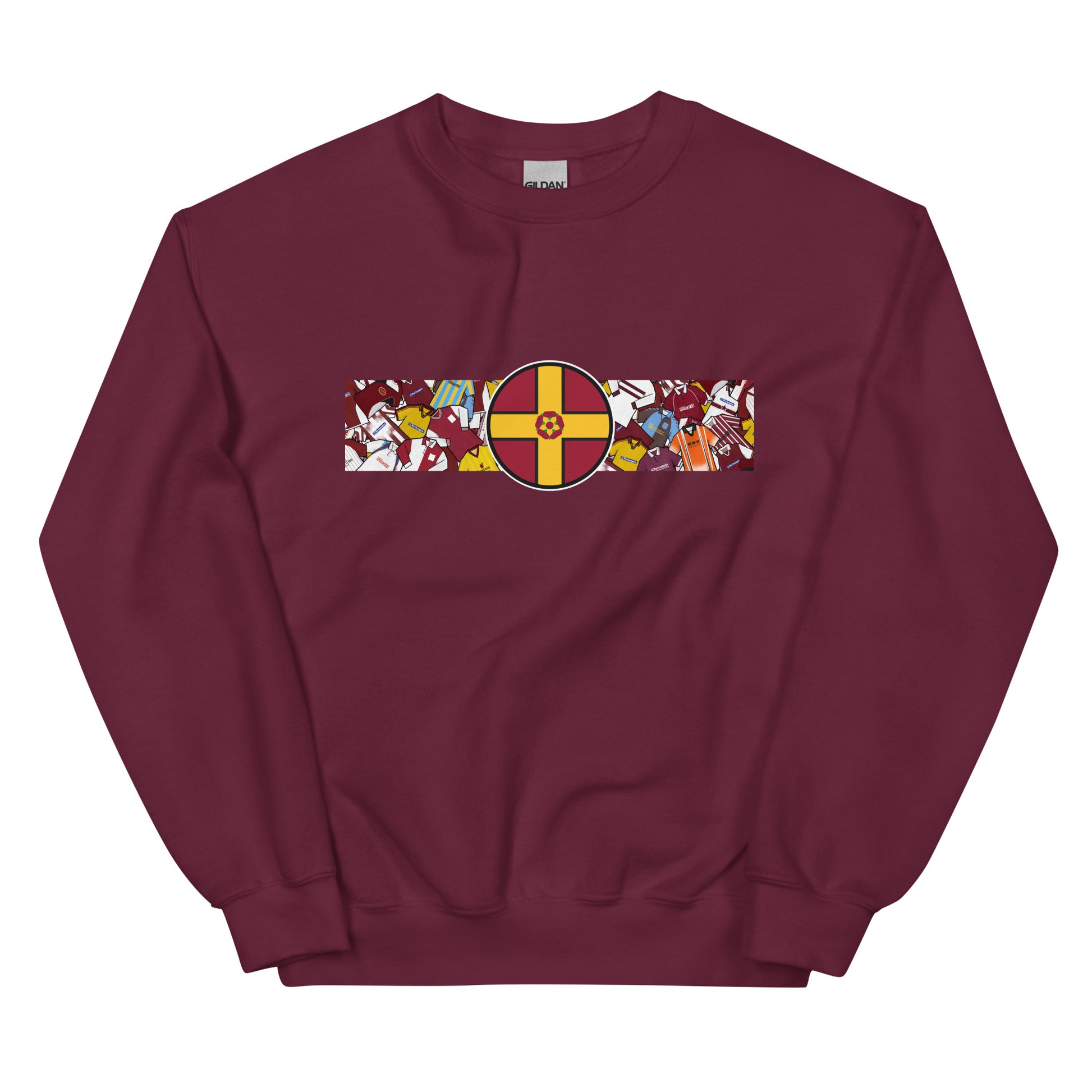 A detailed view of the Northampton Town FC retro sweatshirt featuring a bold Northamptonshire flag and a vintage collage of classic Cobblers football shirts on the front. This stylish design celebrates the proud history and heritage of Northampton Town Football Club. Perfect for match days, casual wear, or as a thoughtful gift for any supporter, this sweatshirt captures true Cobblers pride and timeless football spirit in a classic retro look.