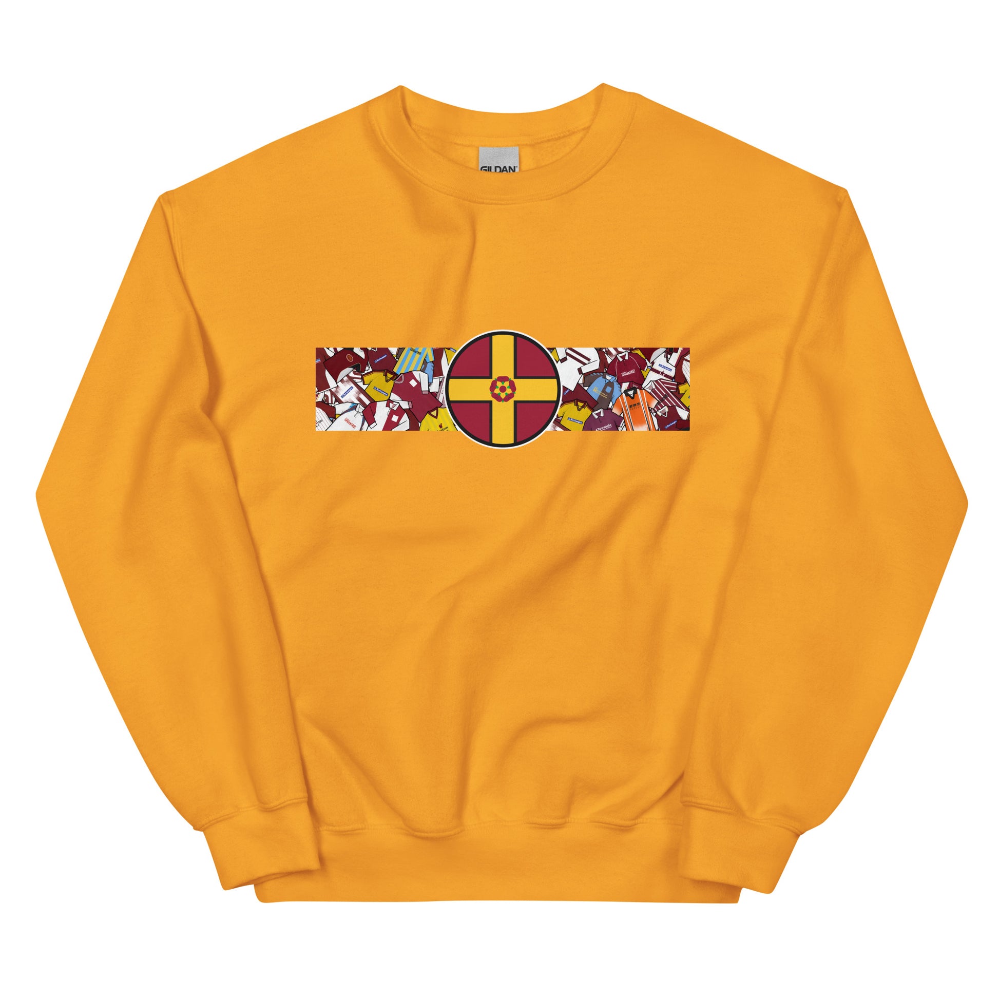 A detailed view of the Northampton Town FC retro sweatshirt featuring a bold Northamptonshire flag and a vintage collage of classic Cobblers football shirts on the front. This stylish design celebrates the proud history and heritage of Northampton Town Football Club. Perfect for match days, casual wear, or as a thoughtful gift for any supporter, this sweatshirt captures true Cobblers pride and timeless football spirit in a classic retro look.