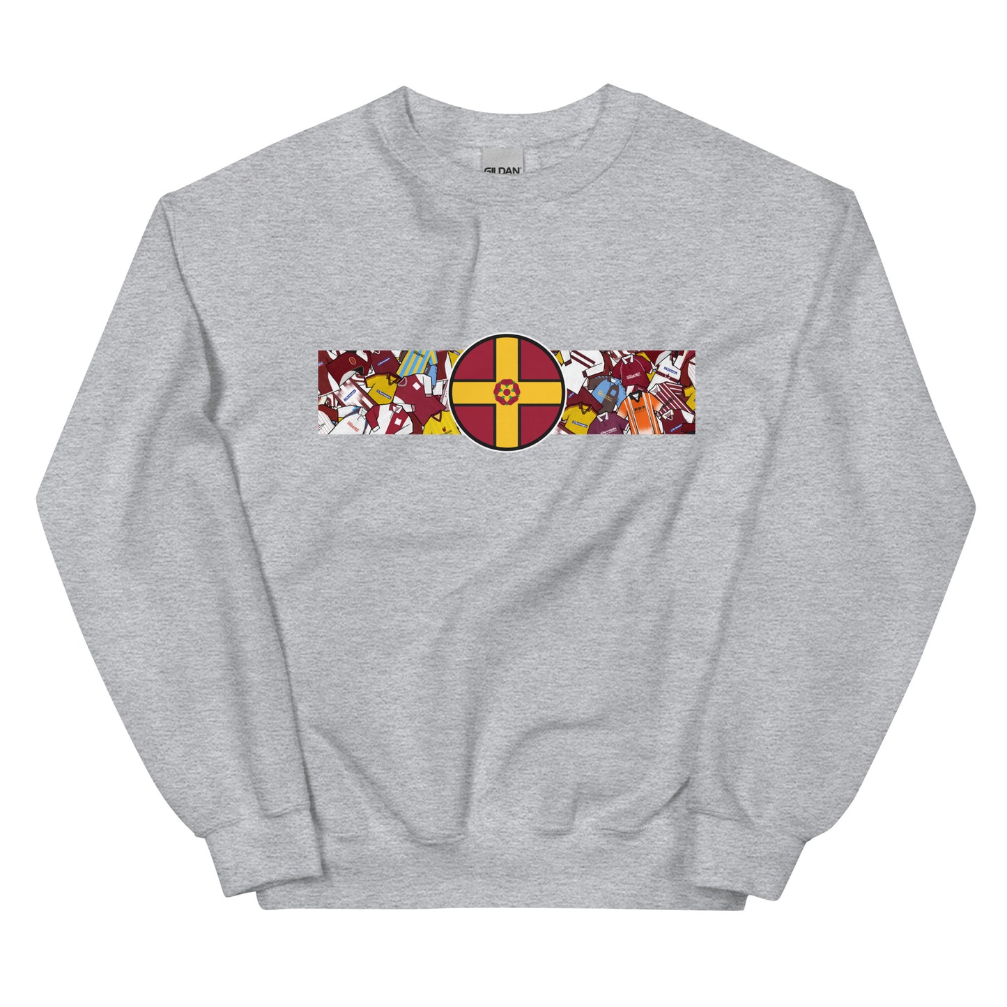 A detailed view of the Northampton Town FC retro sweatshirt featuring a bold Northamptonshire flag and a vintage collage of classic Cobblers football shirts on the front. This stylish design celebrates the proud history and heritage of Northampton Town Football Club. Perfect for match days, casual wear, or as a thoughtful gift for any supporter, this sweatshirt captures true Cobblers pride and timeless football spirit in a classic retro look.