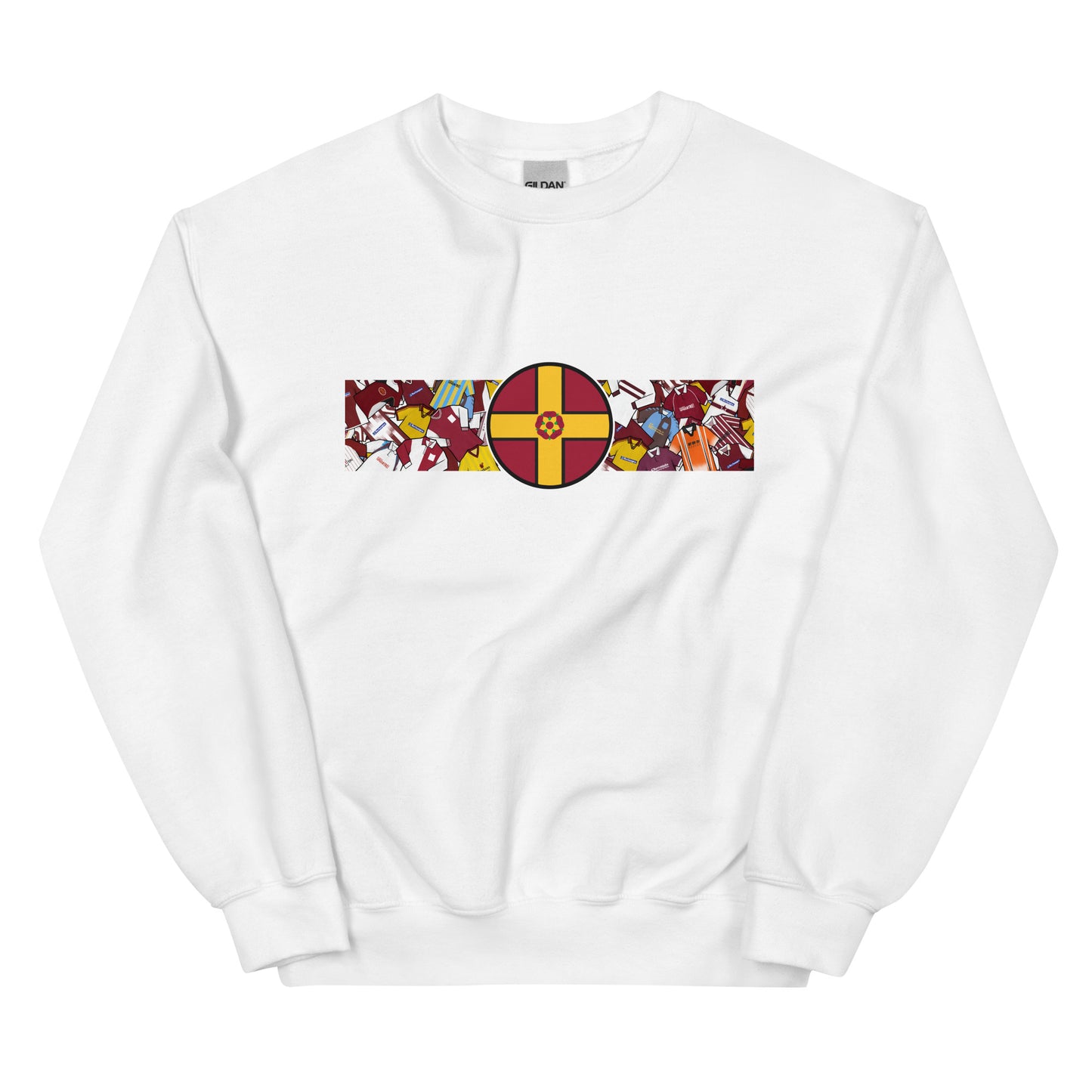 A detailed view of the Northampton Town FC retro sweatshirt featuring a bold Northamptonshire flag and a vintage collage of classic Cobblers football shirts on the front. This stylish design celebrates the proud history and heritage of Northampton Town Football Club. Perfect for match days, casual wear, or as a thoughtful gift for any supporter, this sweatshirt captures true Cobblers pride and timeless football spirit in a classic retro look.