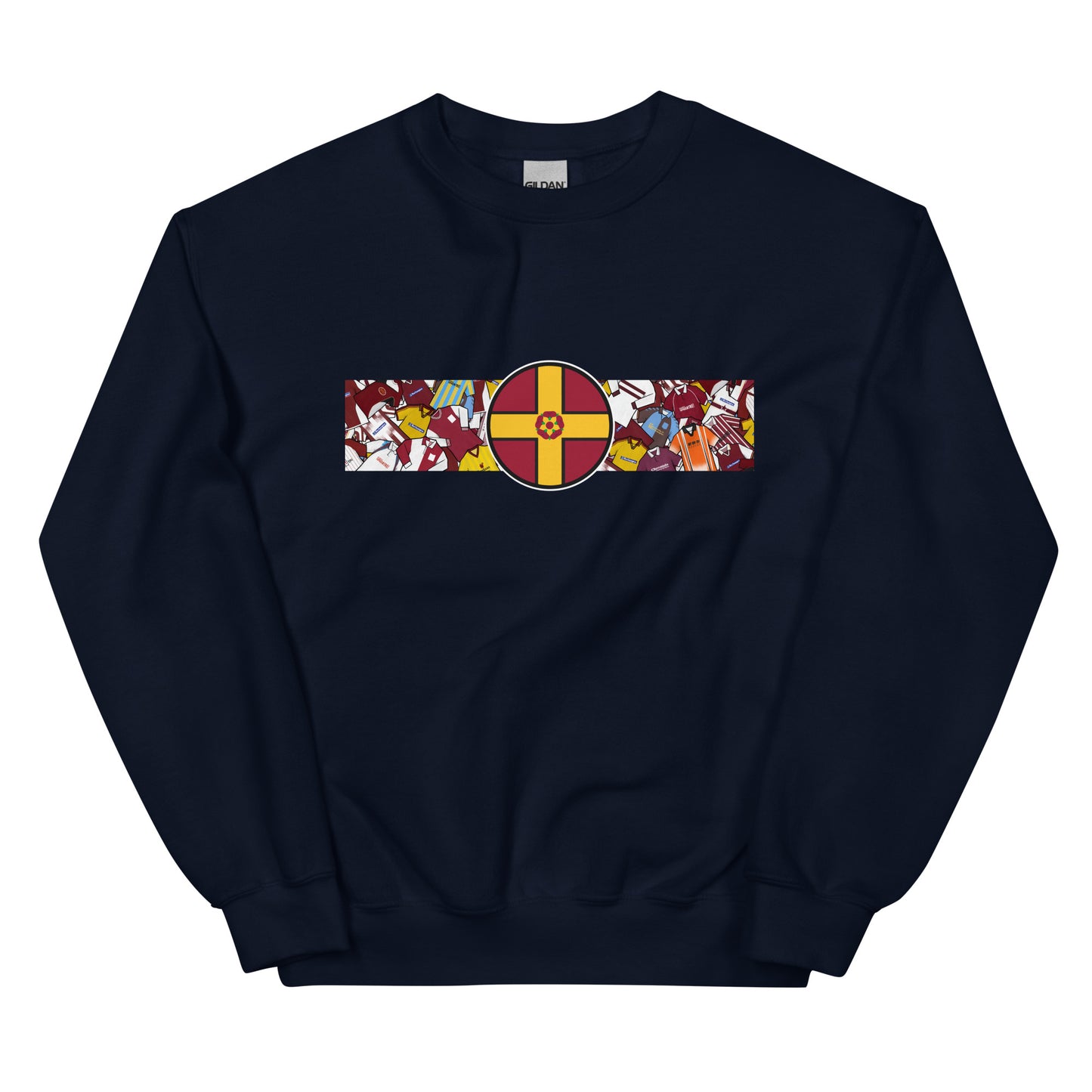 A detailed view of the Northampton Town FC retro sweatshirt featuring a bold Northamptonshire flag and a vintage collage of classic Cobblers football shirts on the front. This stylish design celebrates the proud history and heritage of Northampton Town Football Club. Perfect for match days, casual wear, or as a thoughtful gift for any supporter, this sweatshirt captures true Cobblers pride and timeless football spirit in a classic retro look.