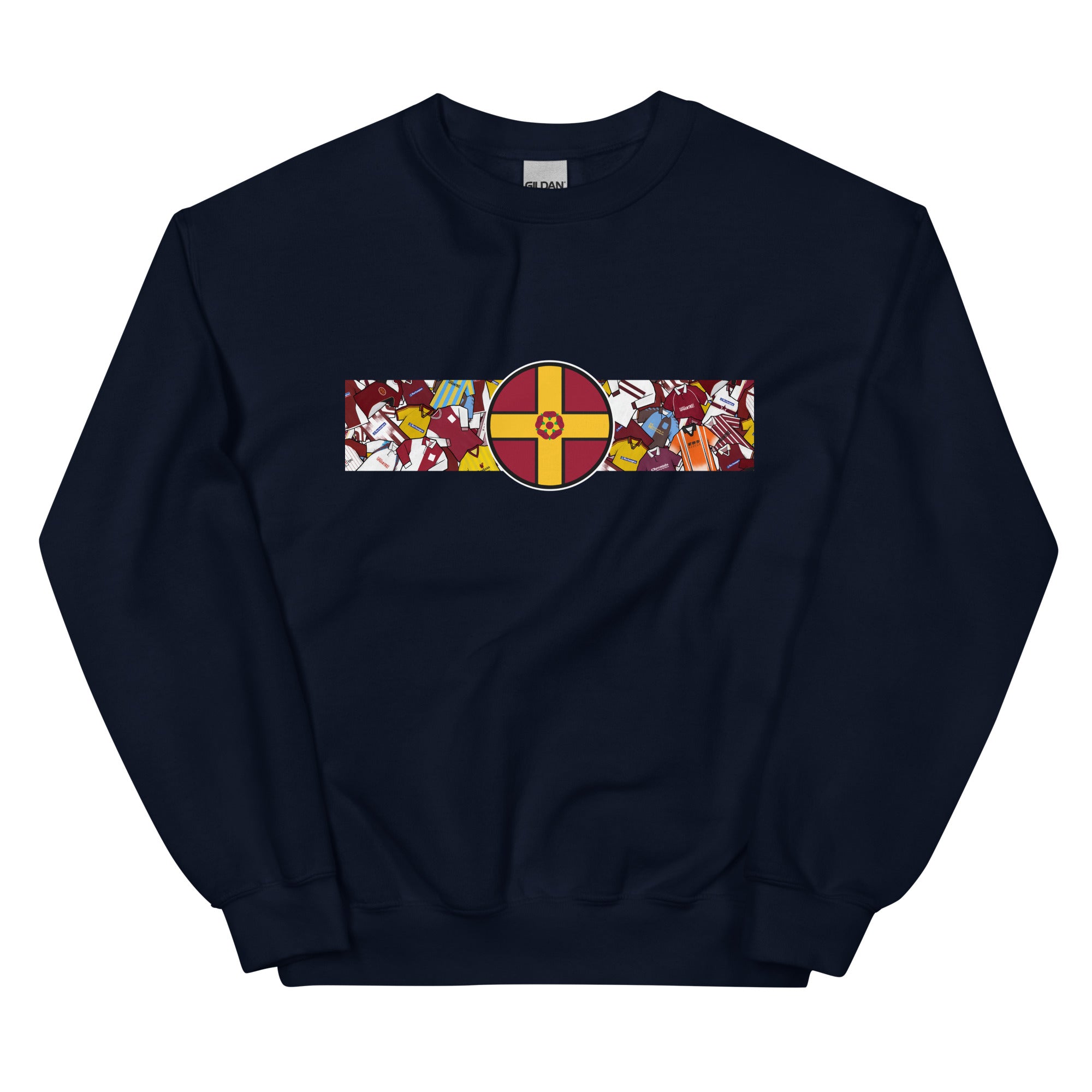A detailed view of the Northampton Town FC retro sweatshirt featuring a bold Northamptonshire flag and a vintage collage of classic Cobblers football shirts on the front. This stylish design celebrates the proud history and heritage of Northampton Town Football Club. Perfect for match days, casual wear, or as a thoughtful gift for any supporter, this sweatshirt captures true Cobblers pride and timeless football spirit in a classic retro look.