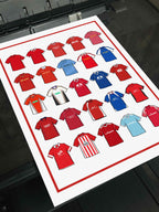 Accrington Stanley Retro Shirts Art Print featuring 25 hand-drawn classic football shirts, showcasing the club’s most iconic kits through the years. A tribute to Stanley’s proud history and resilient footballing journey, captured in detailed, vintage-inspired illustrations