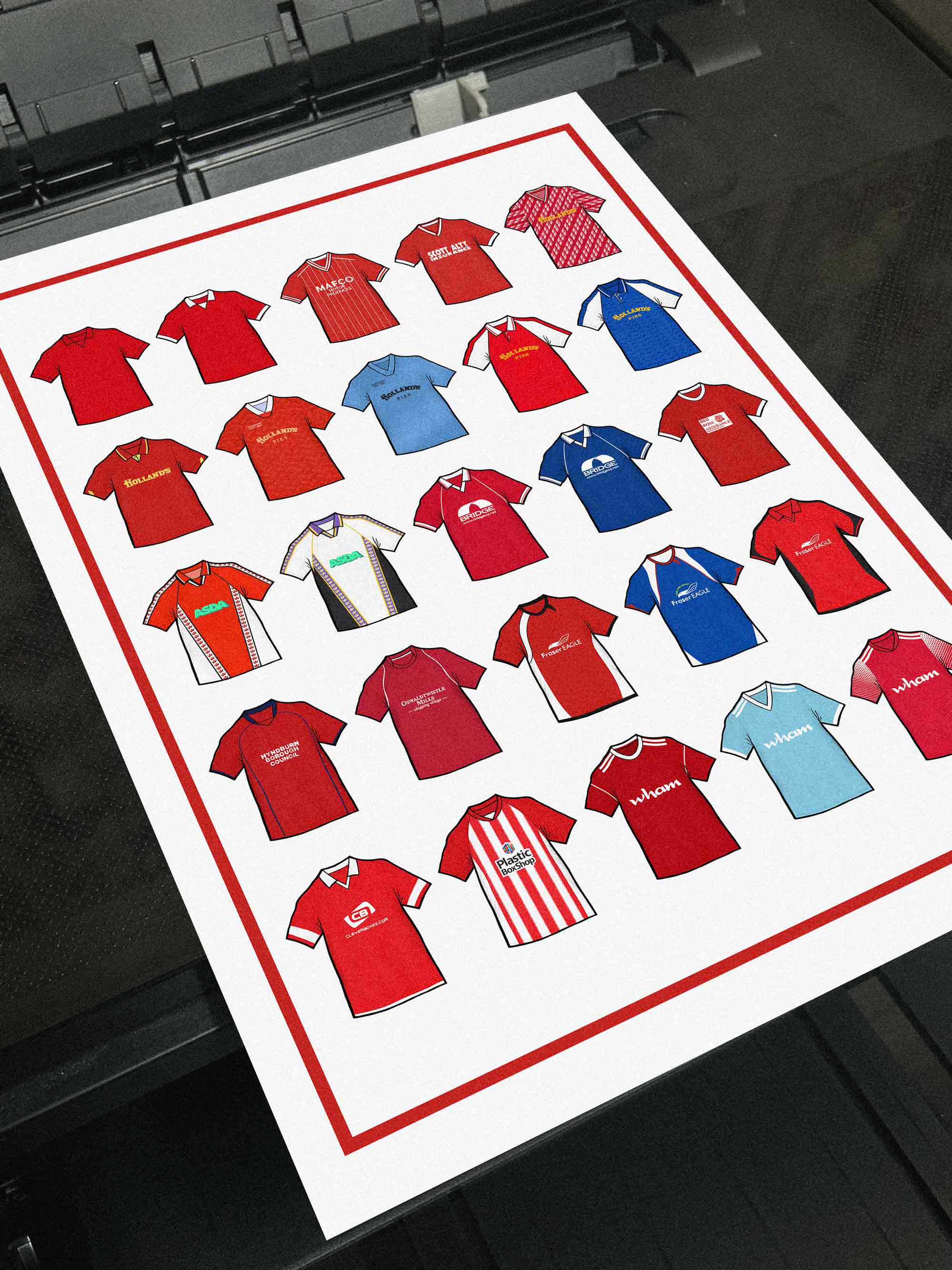 Accrington Stanley Retro Shirts Art Print featuring 25 hand-drawn classic football shirts, showcasing the club’s most iconic kits through the years. A tribute to Stanley’s proud history and resilient footballing journey, captured in detailed, vintage-inspired illustrations