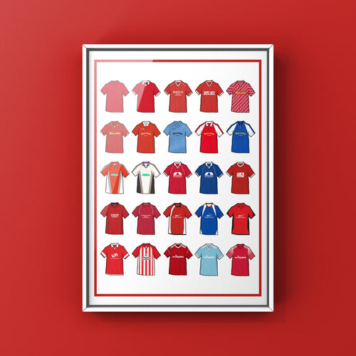 Accrington Stanley Retro Shirts Art Print featuring 25 hand-drawn classic football shirts, showcasing the club’s most iconic kits through the years. A tribute to Stanley’s proud history and resilient footballing journey, captured in detailed, vintage-inspired illustrations