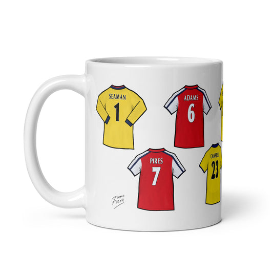 Mug featuring artwork of the shirts of legendary players to have played for Arsenal football club