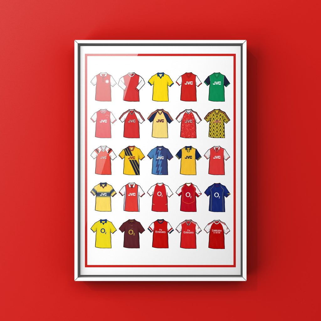 Arsenal FC Retro Shirts Art Print featuring 25 hand-drawn classic football shirts, highlighting the club’s most iconic kits through the years. A tribute to the Gunners’ proud history and legendary footballing legacy, captured in detailed, vintage-inspired illustrations