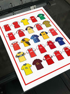 Arsenal FC Retro Shirts Art Print featuring 25 hand-drawn classic football shirts, highlighting the club’s most iconic kits through the years. A tribute to the Gunners’ proud history and legendary footballing legacy, captured in detailed, vintage-inspired illustrations