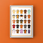 Barnet FC Retro Shirts Art Print featuring 25 hand-drawn classic football shirts, showcasing the club’s most iconic kits through the years. A celebration of the Bees’ rich history and evolving style, captured in detailed, vintage-inspired illustrations