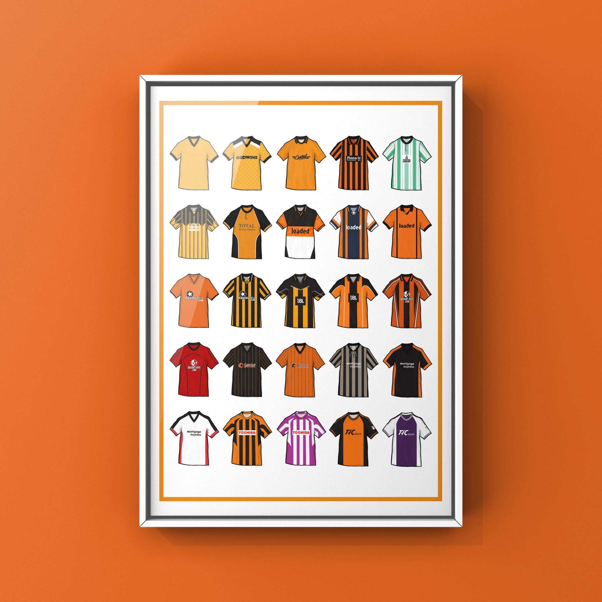 Barnet FC Retro Shirts Art Print featuring 25 hand-drawn classic football shirts, showcasing the club’s most iconic kits through the years. A celebration of the Bees’ rich history and evolving style, captured in detailed, vintage-inspired illustrations