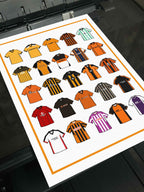 Barnet FC Retro Shirts Art Print featuring 25 hand-drawn classic football shirts, showcasing the club’s most iconic kits through the years. A celebration of the Bees’ rich history and evolving style, captured in detailed, vintage-inspired illustrations