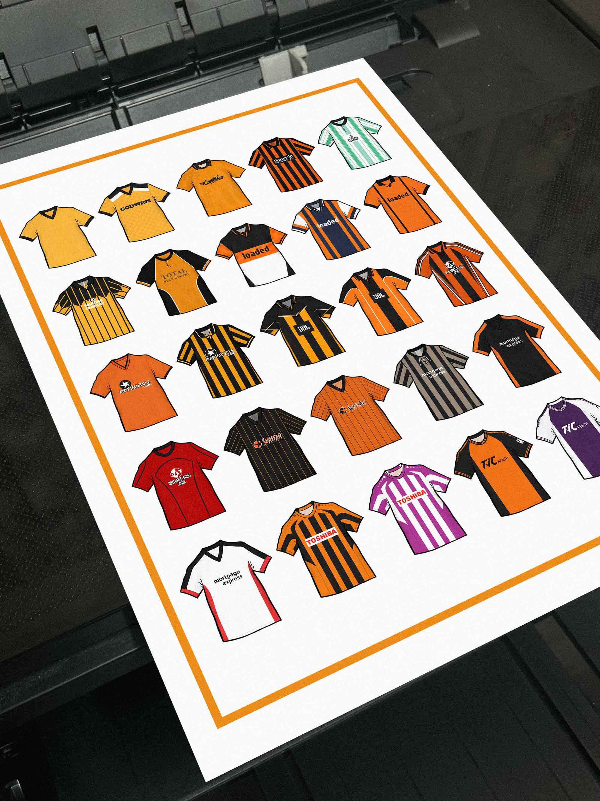 Barnet FC Retro Shirts Art Print featuring 25 hand-drawn classic football shirts, showcasing the club’s most iconic kits through the years. A celebration of the Bees’ rich history and evolving style, captured in detailed, vintage-inspired illustrations