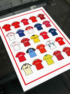 Barnsley FC Retro Shirts Art Print featuring 25 hand-drawn classic football shirts, showcasing the club’s most iconic kits through the years. A celebration of the Tykes’ proud history and evolving style, captured in detailed, vintage-inspired illustrations