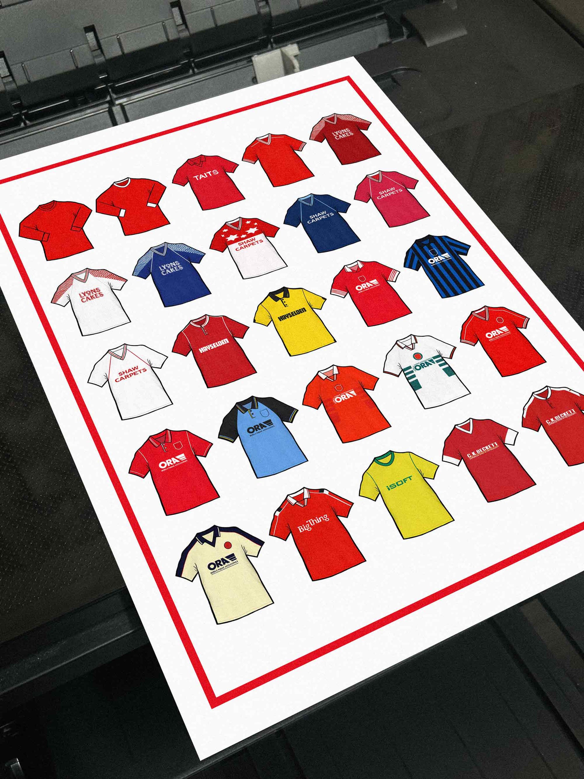 Barnsley FC Retro Shirts Art Print featuring 25 hand-drawn classic football shirts, showcasing the club’s most iconic kits through the years. A celebration of the Tykes’ proud history and evolving style, captured in detailed, vintage-inspired illustrations
