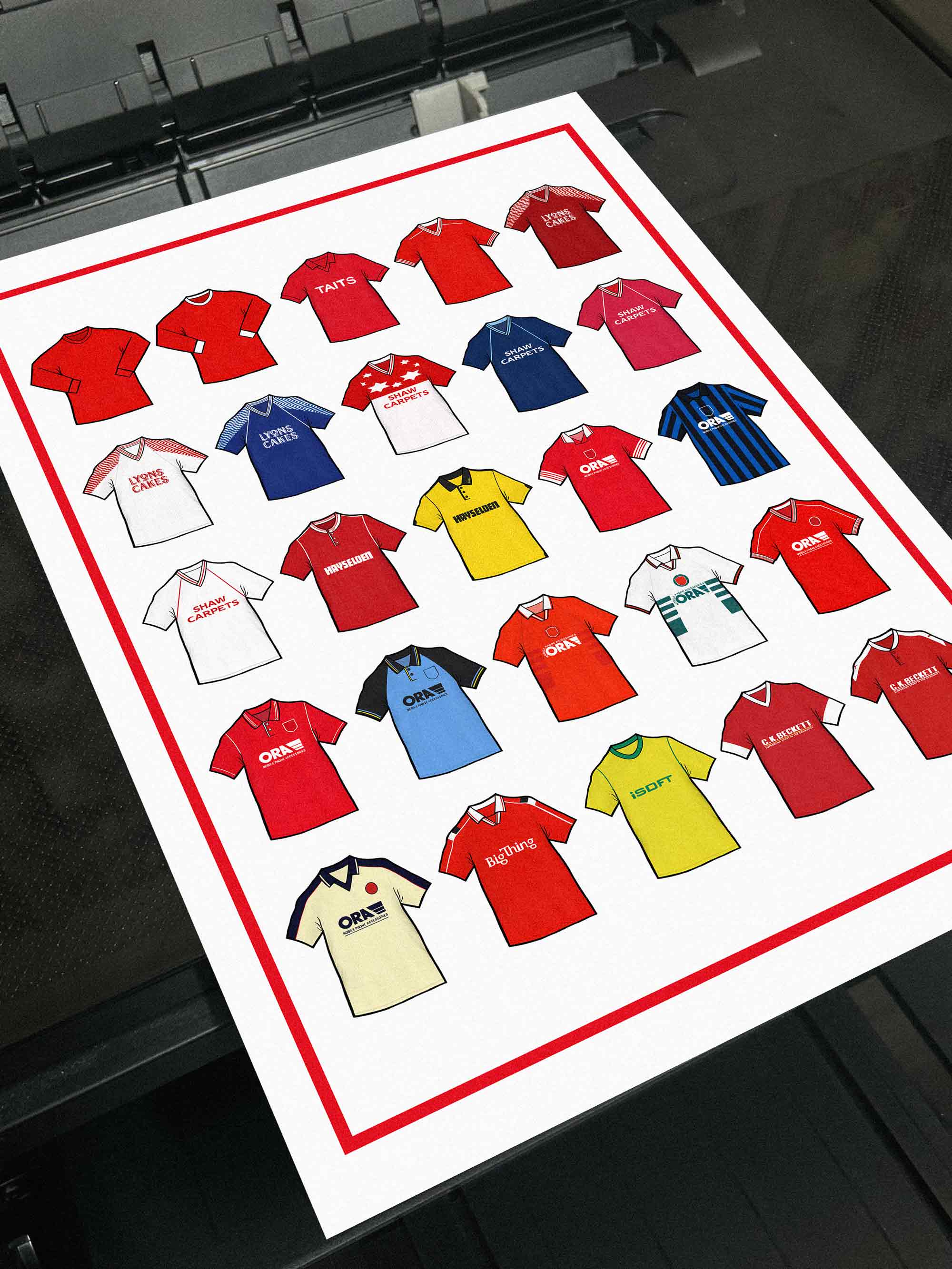 Barnsley FC Retro Shirts Art Print featuring 25 hand-drawn classic football shirts, showcasing the club’s most iconic kits through the years. A celebration of the Tykes’ proud history and evolving style, captured in detailed, vintage-inspired illustrations