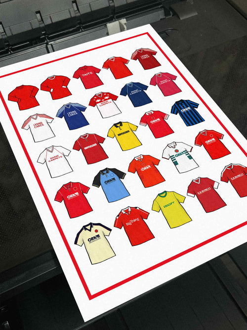 Barnsley FC Retro Shirts Art Print featuring 25 hand-drawn classic football shirts, showcasing the club’s most iconic kits through the years. A celebration of the Tykes’ proud history and evolving style, captured in detailed, vintage-inspired illustrations