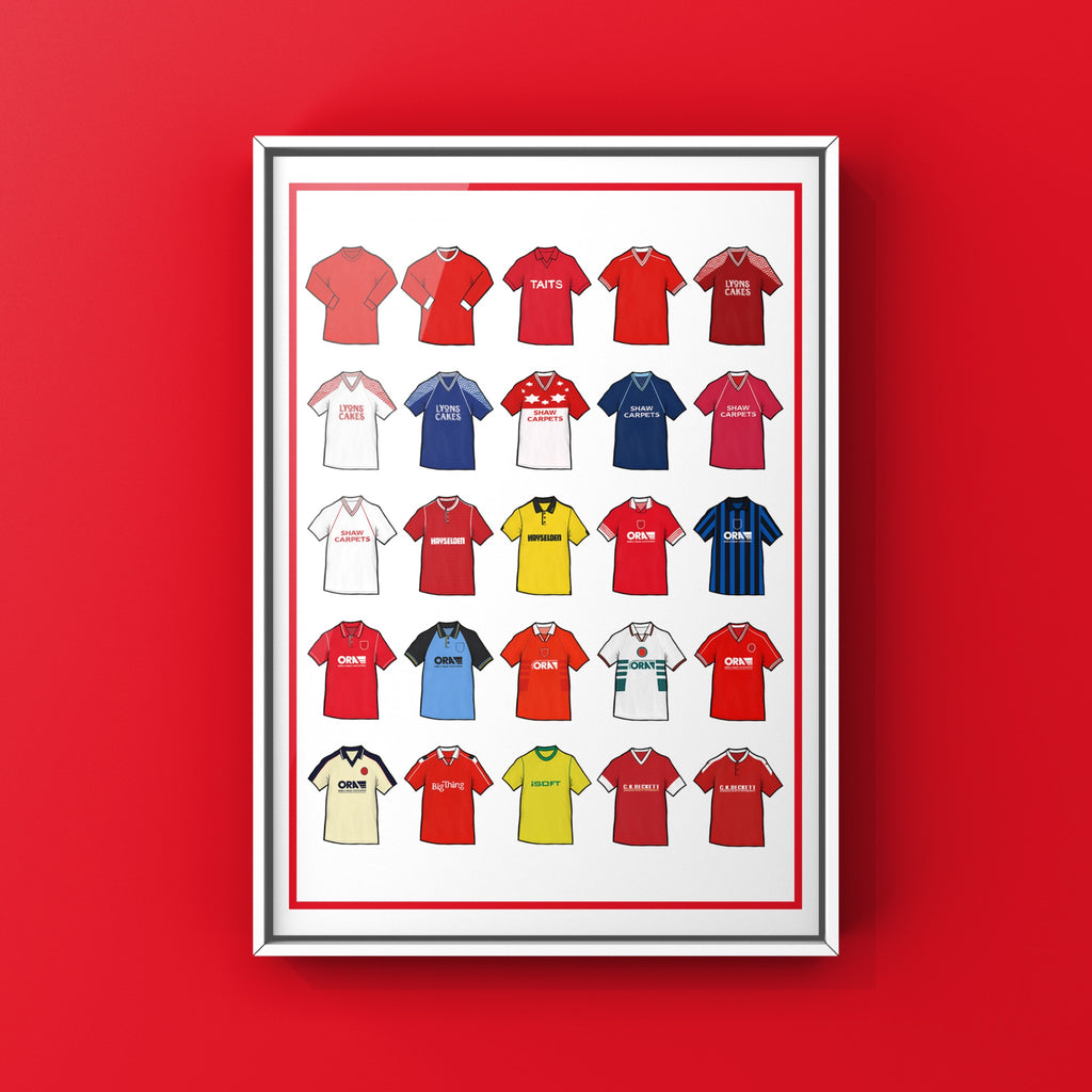 Barnsley FC Retro Shirts Art Print featuring 25 hand-drawn classic football shirts, showcasing the club’s most iconic kits through the years. A celebration of the Tykes’ proud history and evolving style, captured in detailed, vintage-inspired illustrations