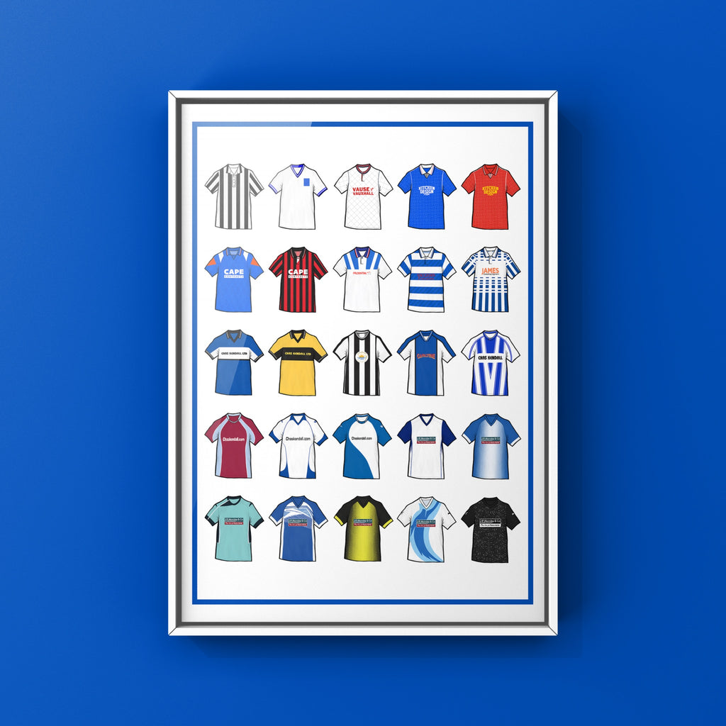 Barrow AFC Retro Shirts Art Print featuring 25 hand-drawn classic football shirts, showcasing the club’s most iconic kits through the years. A celebration of the Bluebirds’ proud history and evolving style, captured in detailed, vintage-inspired illustrations