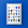 Barrow AFC Retro Shirts Art Print featuring 25 hand-drawn classic football shirts, showcasing the club’s most iconic kits through the years. A celebration of the Bluebirds’ proud history and evolving style, captured in detailed, vintage-inspired illustrations