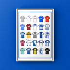 Barrow AFC Retro Shirts Art Print featuring 25 hand-drawn classic football shirts, showcasing the club’s most iconic kits through the years. A celebration of the Bluebirds’ proud history and evolving style, captured in detailed, vintage-inspired illustrations