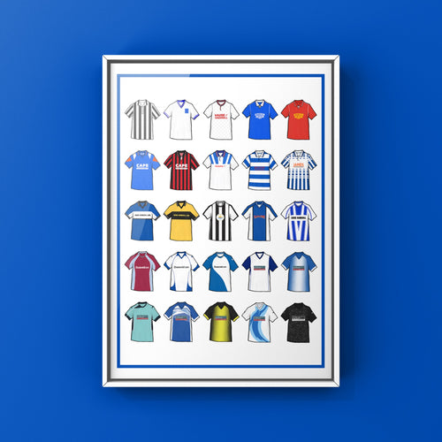 Barrow AFC Retro Shirts Art Print featuring 25 hand-drawn classic football shirts, showcasing the club’s most iconic kits through the years. A celebration of the Bluebirds’ proud history and evolving style, captured in detailed, vintage-inspired illustrations